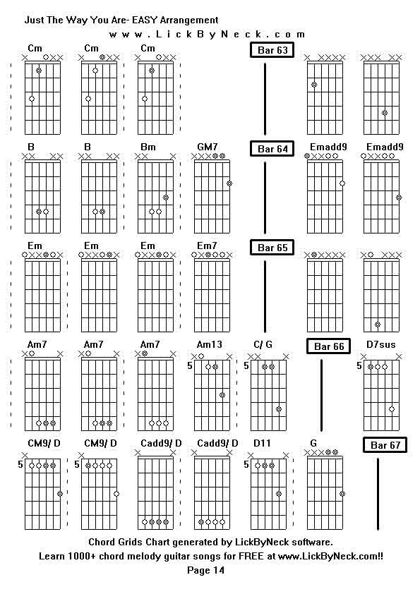 Chord Grids Chart of chord melody fingerstyle guitar song-Just The Way You Are- EASY Arrangement,generated by LickByNeck software.